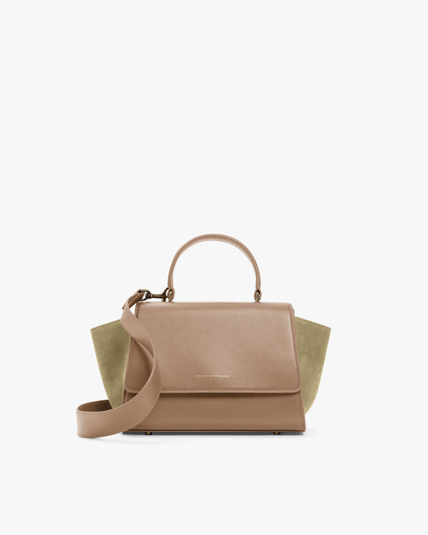 ALEXIA bag in beige, front view, short handle and detachable shoulder strap, khaki side wings