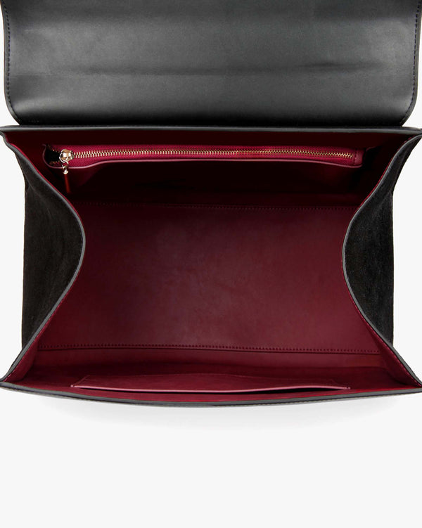 ALEXIA bag in Black, open view showing burgundy lining, zip pocket and patch pocket