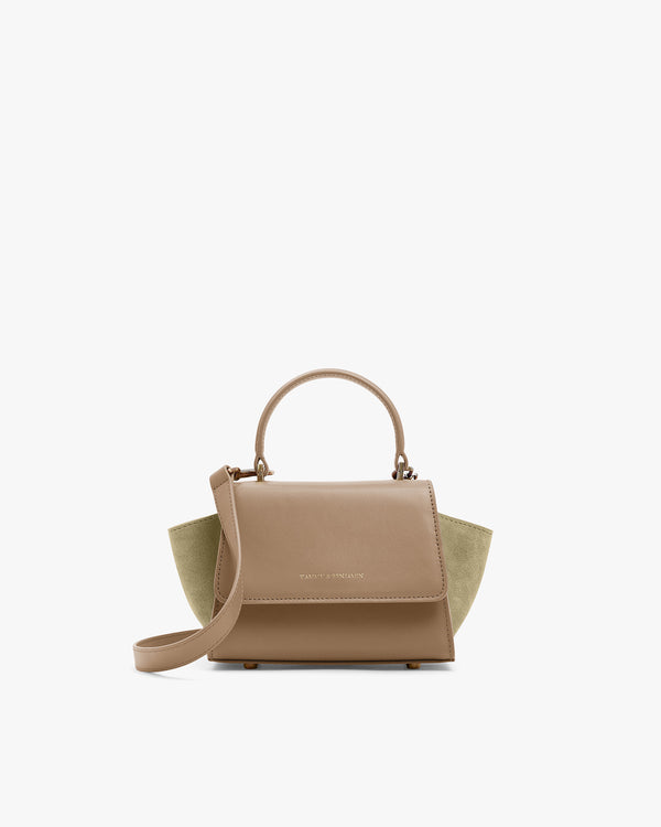 ALEXIA NANO bag in beige, front view, flap closed, rigid handle and detachable strap