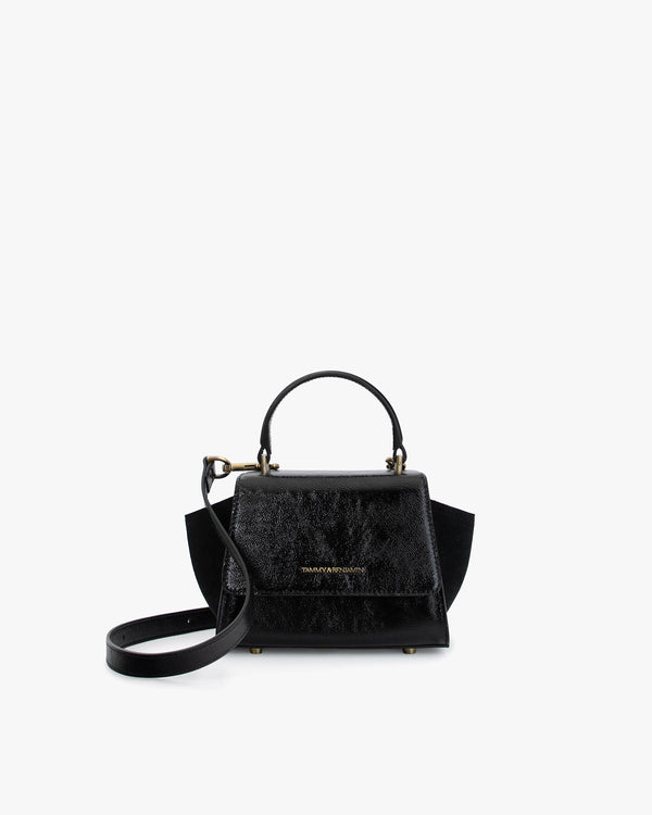 ALEXIA NANO bag in black naplak, front view with top handle and suede side wings