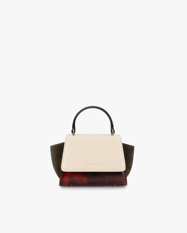 ALEXIA NANO bag in Colourblock art déco, front view, black handle, cream flap, khaki wings, burgundy base