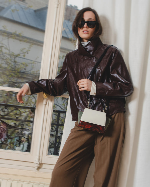 ALEXIA NANO bag in Colourblock art déco, worn crossbody, clasp and handle detail