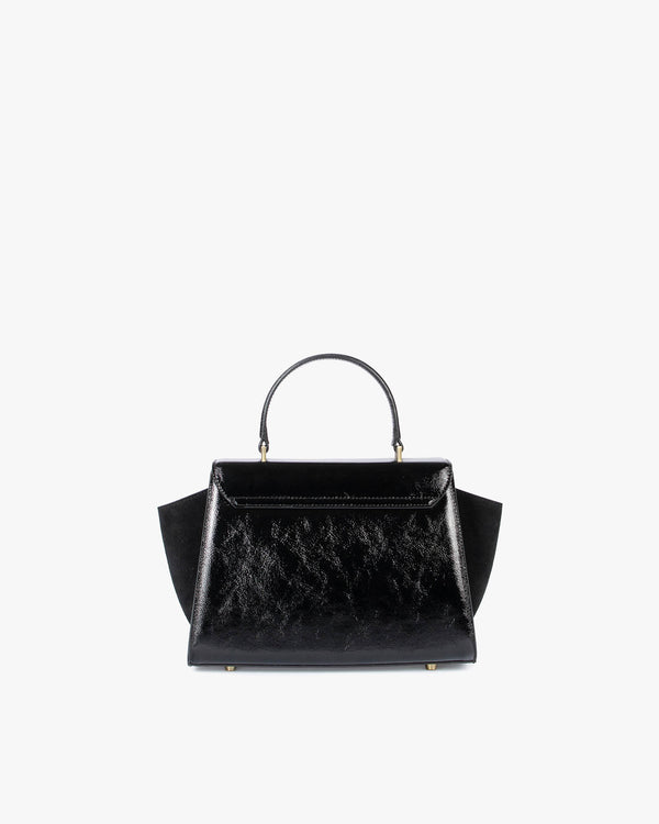 ALEXIA bag in black naplak, front view, top handle, placed on white background