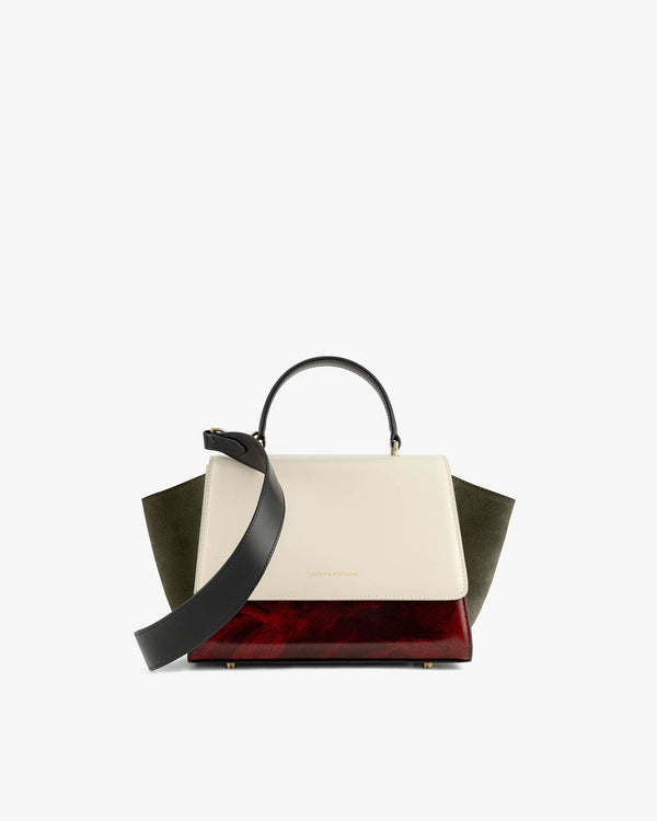ALEXIA bag, art deco colourblock in ivory, khaki and red, black handle, detachable strap draped in front