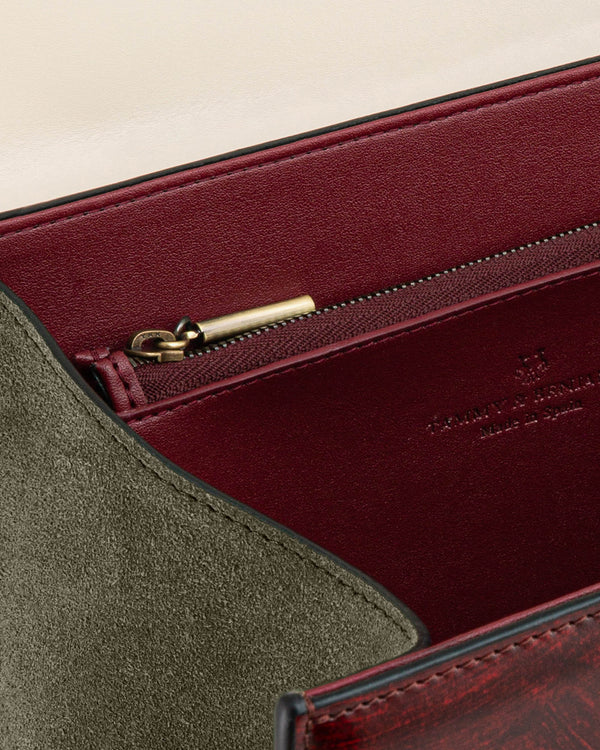 ALEXIA bag in Colourblock art déco, open interior view, burgundy lining, zip pocket and khaki suede panel