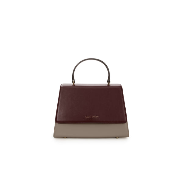 ALEXIA bag in Colourblock Stratum, front view, top handle, burgundy flap and taupe body