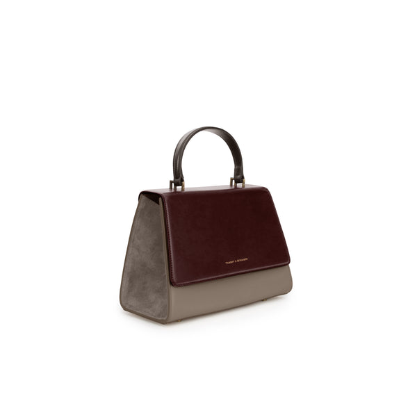 ALEXIA bag in Colourblock Stratum, three-quarter view, top handle, burgundy flap and grey side panels