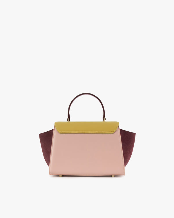 ALEXIA bag in Colourblock Vesper, front view, wrapped handle, burgundy suede side wings extended