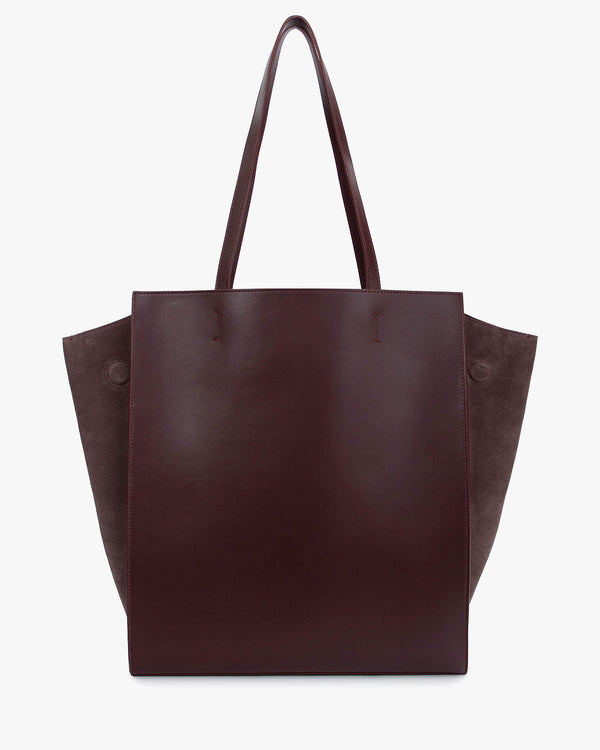 Sac cabas LEXI GM Aubergine de face, anses portées, ailes en cuir et panneaux en suède