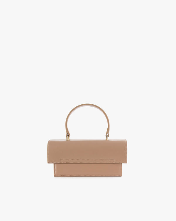 THEA MINI bag in beige, front view, flap closed, top handle raised