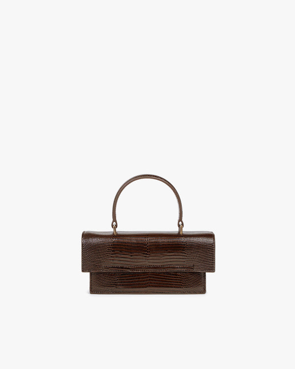 THEA MINI bag in brown embossed lizard, front view, standing, flap closed with top handle