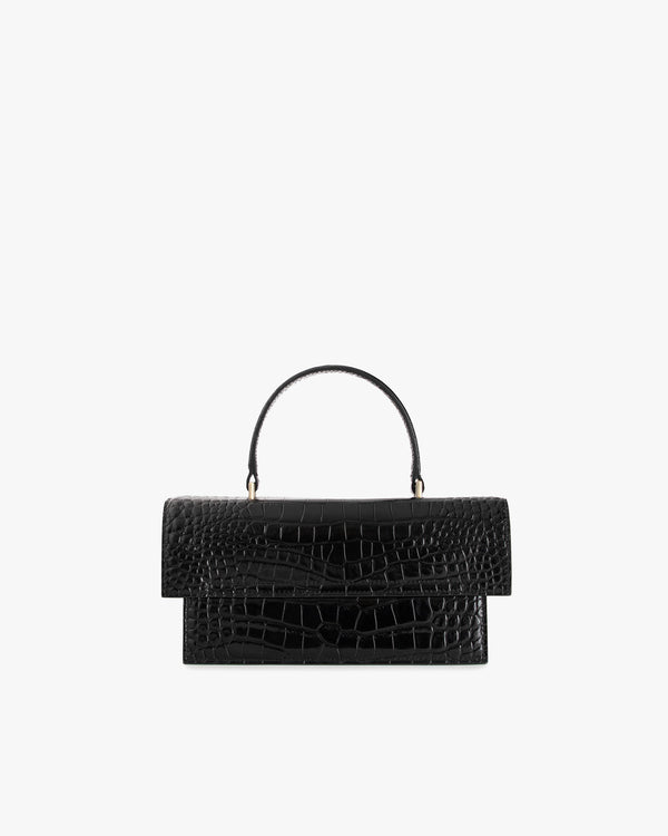 THEA bag in black croc-embossed leather, front view, with top handle