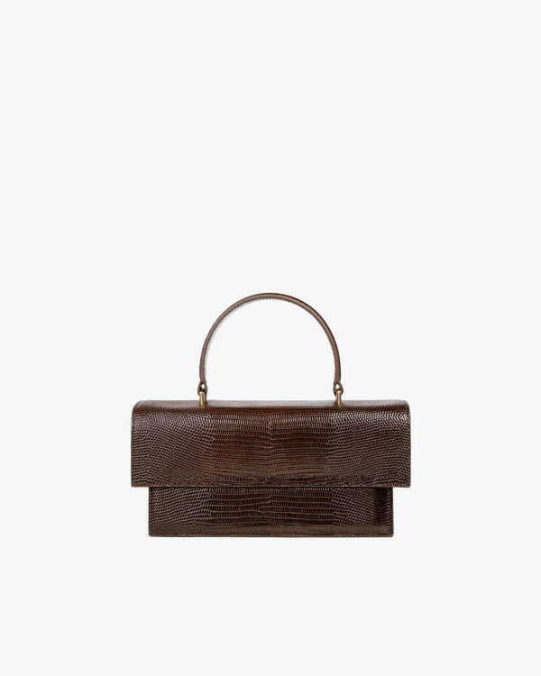 THEA bag in brown embossed lizard, front view, top handle, closed oversized flap