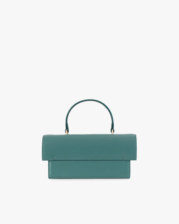 THEA bag in Turquoise, front view, flap closed, rigid handle raised