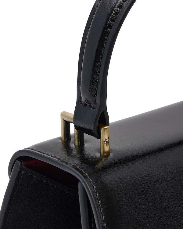 ALEXIA NANO black bag, close-up on the handle and gold-tone metal fittings on the flap