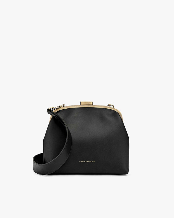 Sac EMMA Noir de face, fermoir doré ouvert, bandoulière cuir détachable posée sur le devant