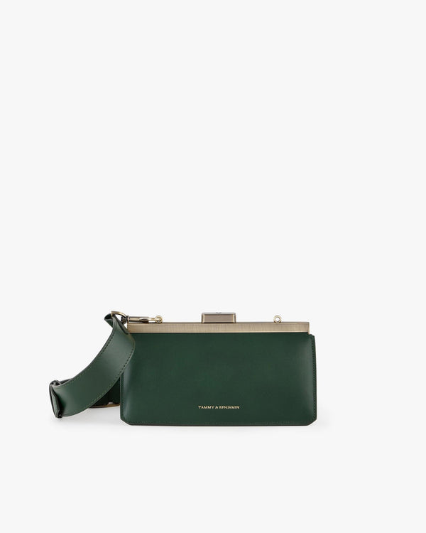 JEANNE BAGUETTE bag in emerald green, front view with gold retro clasp and shoulder strap